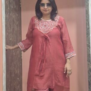 Mulchanderi Floral Hand Embroidery Orange Coordset - Image 2