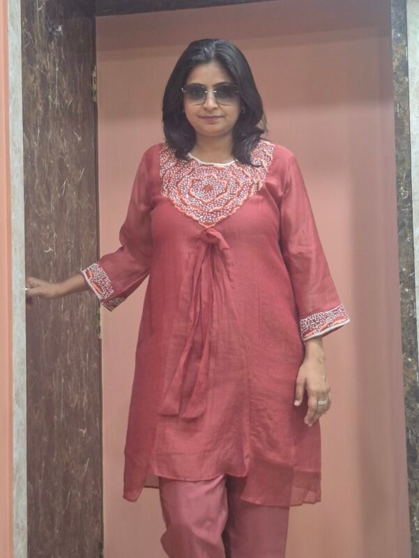 Mulchanderi Floral Hand Embroidery Orange Coordset