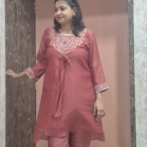 Mulchanderi Floral Hand Embroidery Orange Coordset - Image 4