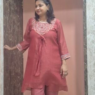 Mulchanderi Floral Hand Embroidery Orange Coordset - Image 4