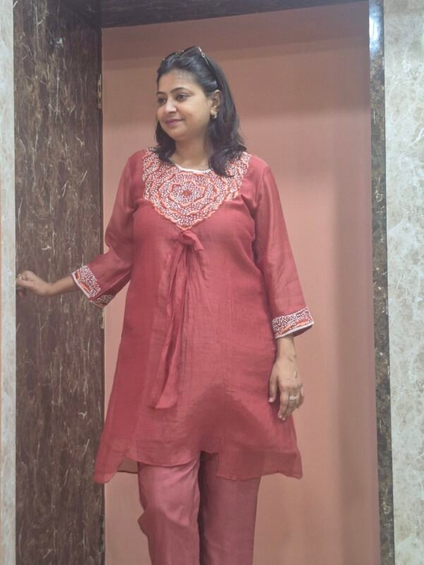 Mulchanderi Floral Hand Embroidery Orange Coordset