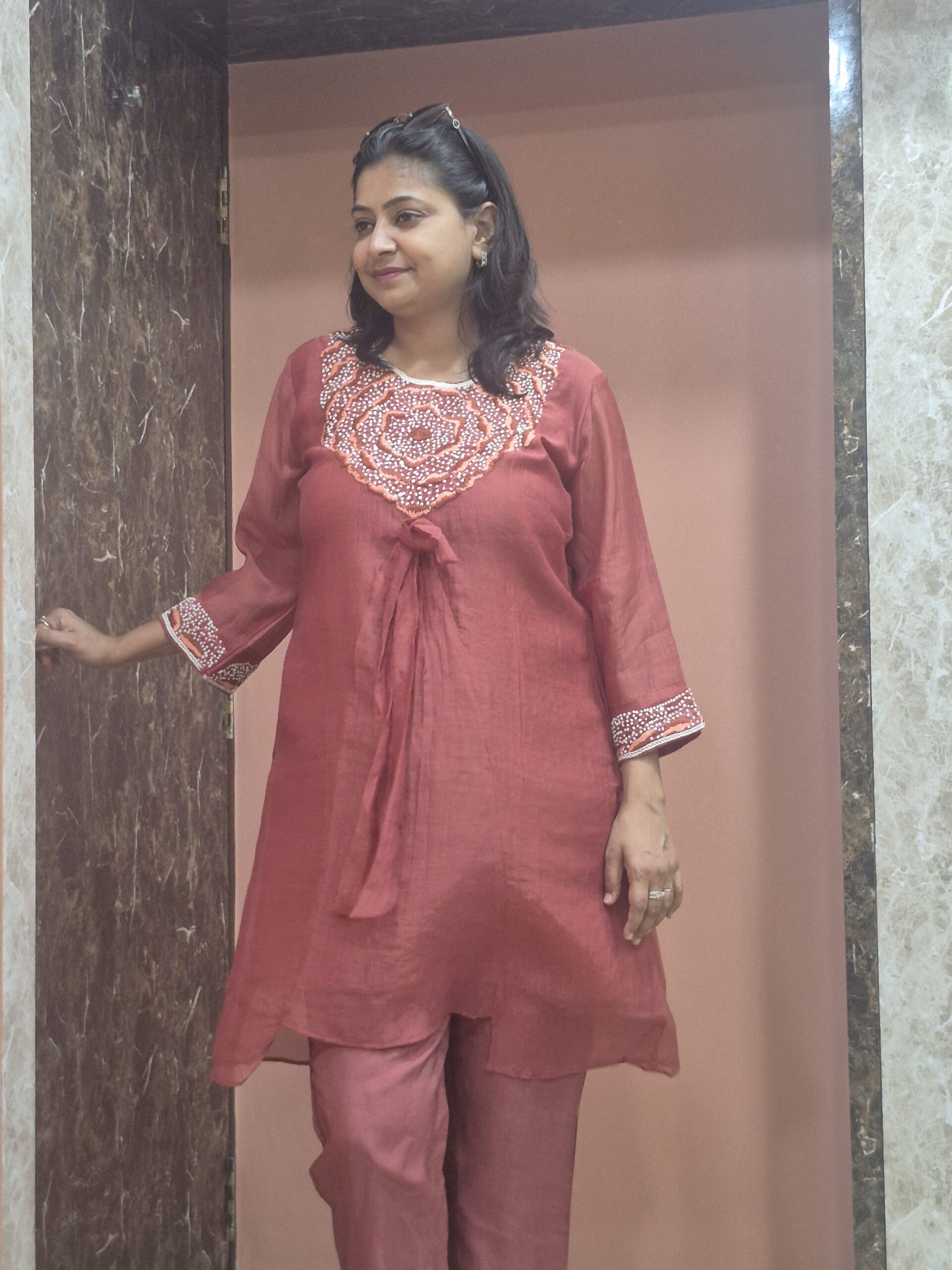 Mulchanderi Floral Hand Embroidery Orange Coordset - Image 4