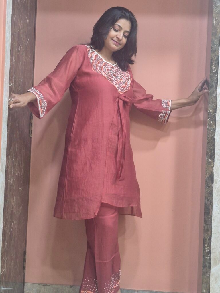 Mulchanderi Floral Hand Embroidery Orange Coordset