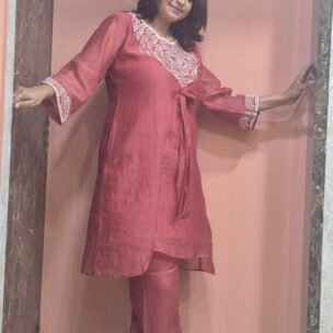 Mulchanderi Floral Hand Embroidery Orange Coordset