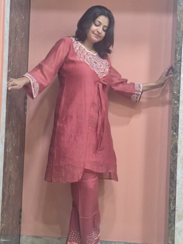 Mulchanderi Floral Hand Embroidery Orange Coordset