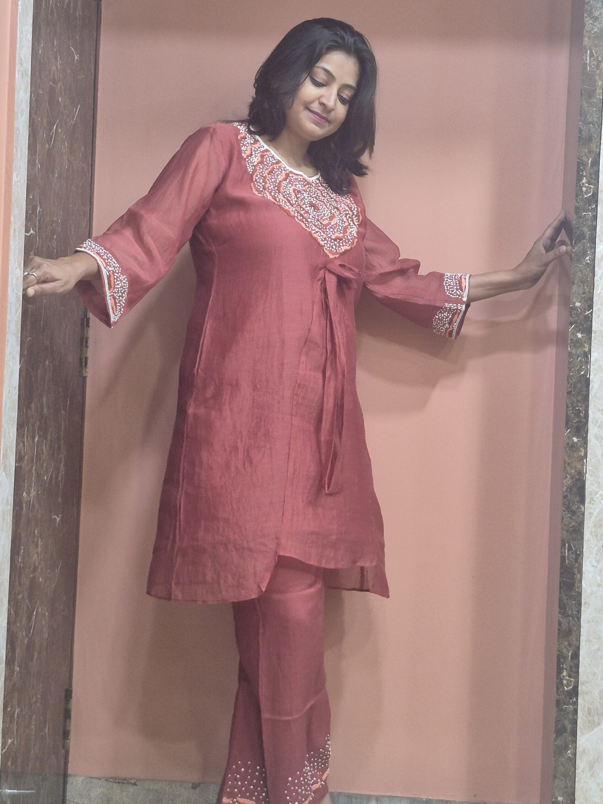 Mulchanderi Floral Hand Embroidery Orange Coordset - Image 1