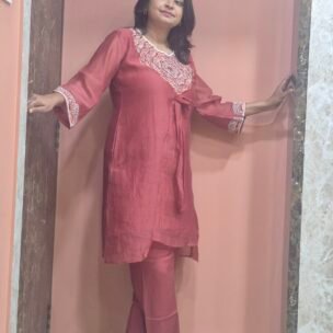 Mulchanderi Floral Hand Embroidery Orange Coordset - Image 3