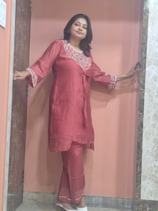 Mulchanderi Floral Hand Embroidery Orange Coordset