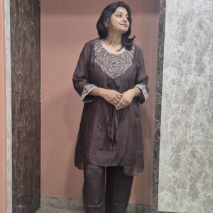 Mulchanderi Floral Hand Embroidery Brown Coordset
