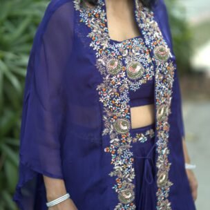 Majestic Hand Embroidery Deep Blue Indo Western Piece - Image 5