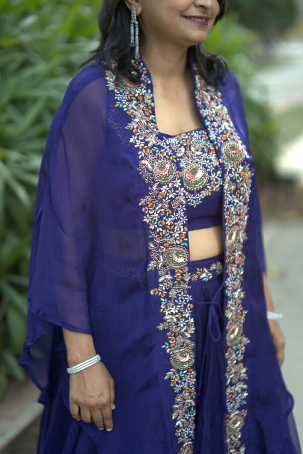 Majestic Hand Embroidery Deep Blue Indo Western Piece