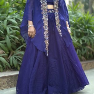 Majestic Hand Embroidery Deep Blue Indo Western Piece - Image 4