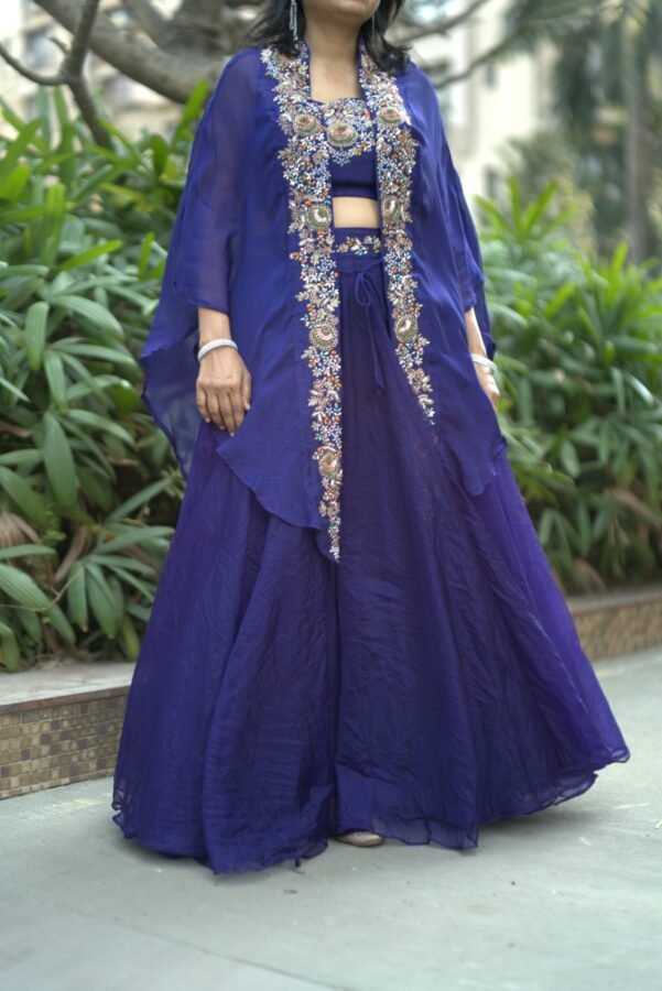 Majestic Hand Embroidery Deep Blue Indo Western Piece