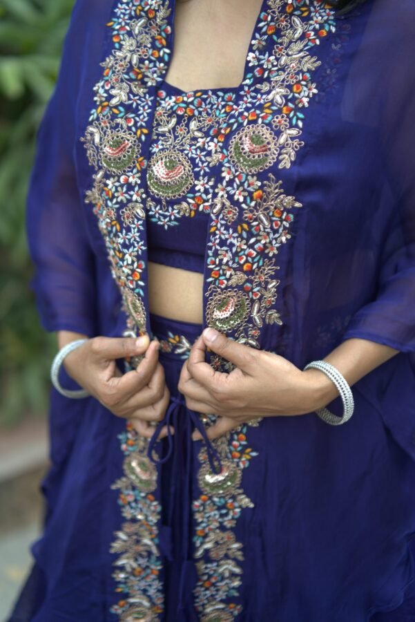 Majestic Hand Embroidery Deep Blue Indo Western Piece