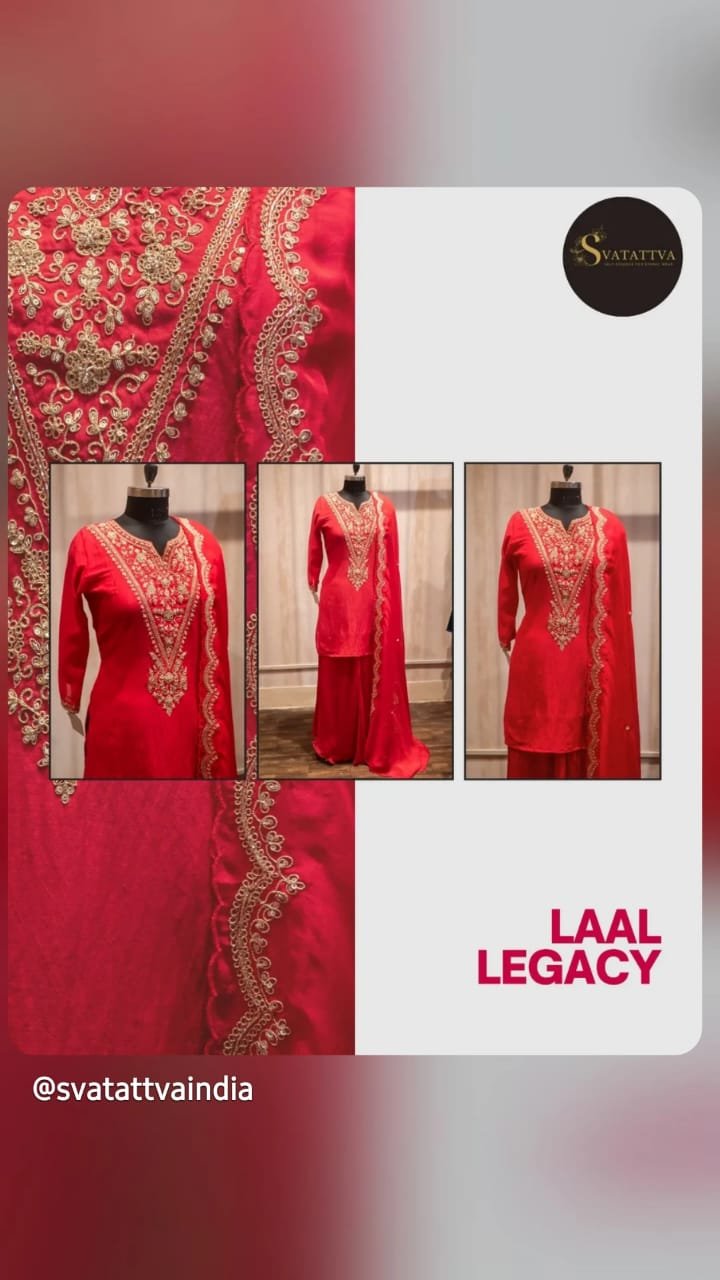 Heavy Zari Handwork V-Neck Kurti Set with Dupatta - Image 1
