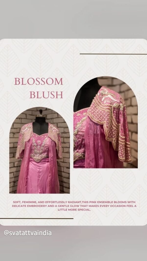 Blossom Blush Hand-Embroidered Crop Top and Cape Co-ord Set