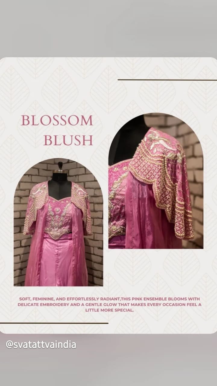 Blossom Blush Hand-Embroidered Crop Top and Cape Co-ord Set - Image 2
