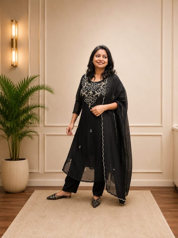 Black Hand Embroidery 3 Piece Suit Set