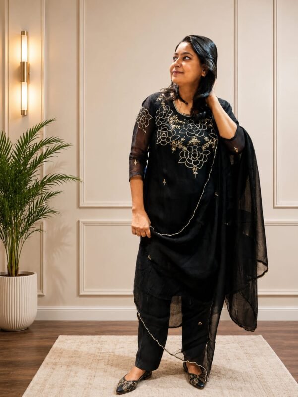 Black Hand Embroidery 3 Piece Suit Set