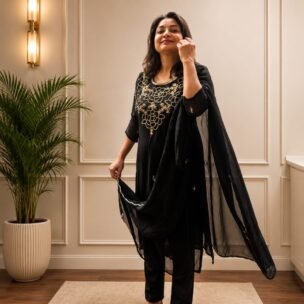 Black Hand Embroidery 3 Piece Suit Set - Image 4