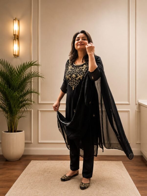Black Hand Embroidery 3 Piece Suit Set