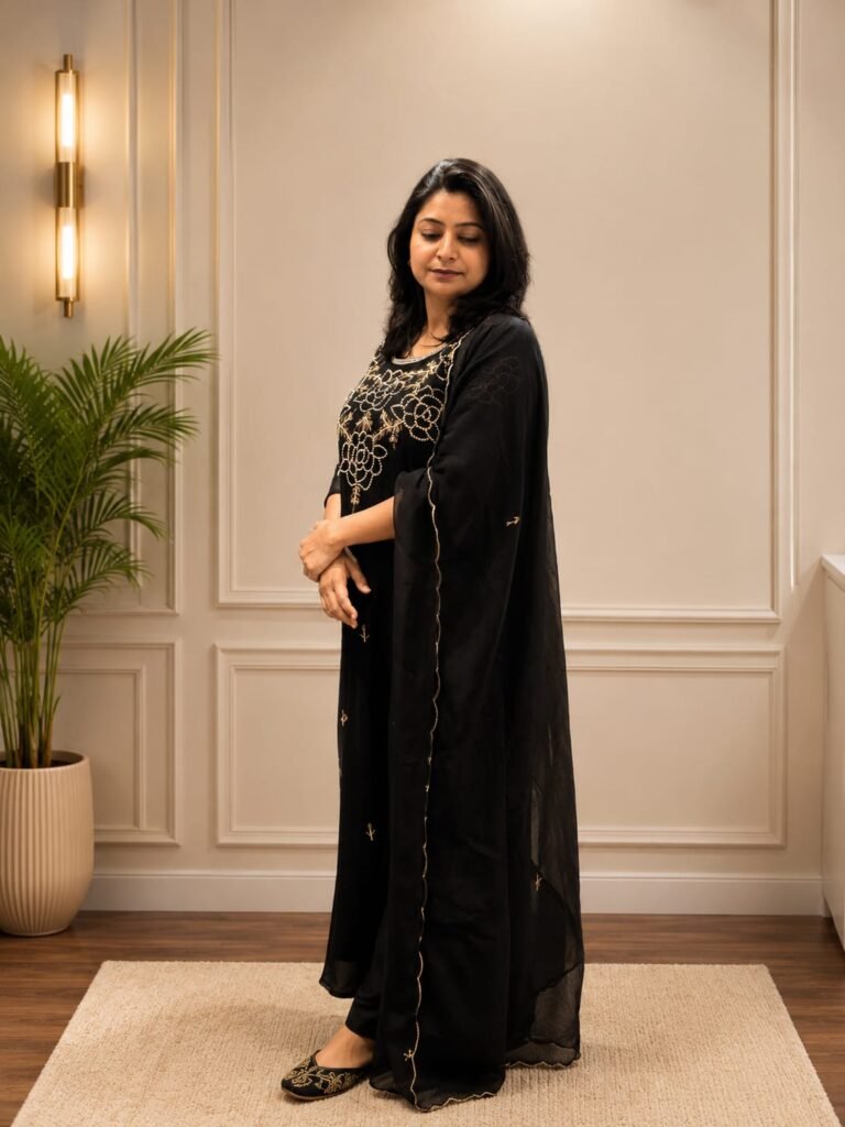 Black Hand Embroidery 3 Piece Suit Set