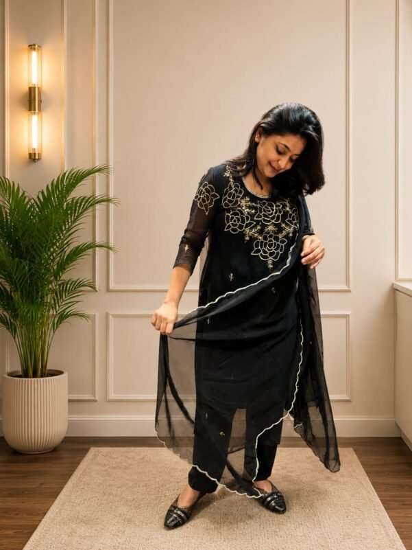 Black Hand Embroidery 3 Piece Suit Set