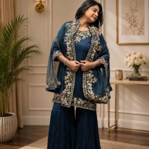 Hand Embroidery Sea Green Indo-Western Coat Piece - Image 3