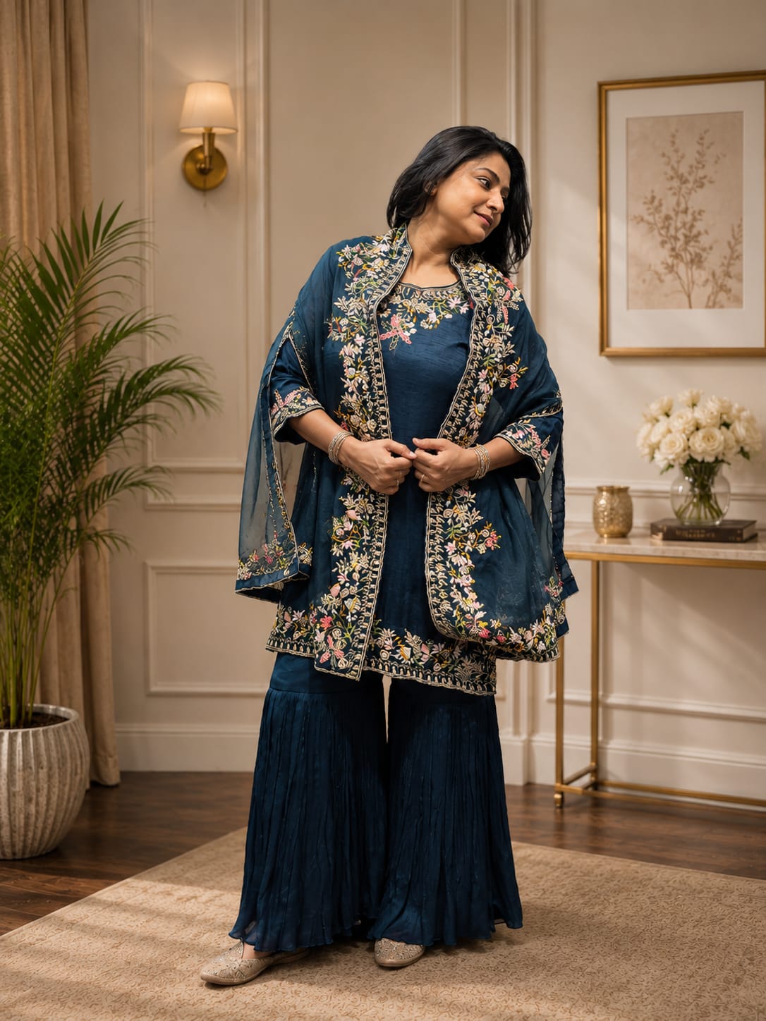 Hand Embroidery Sea Green Indo-Western Coat Piece - Image 3