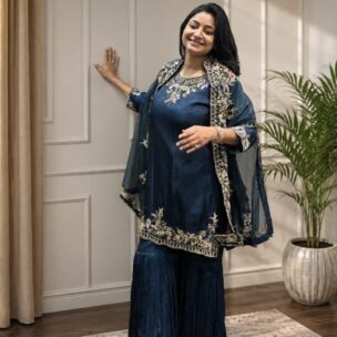 Hand Embroidery Sea Green Indo-Western Coat Piece - Image 4